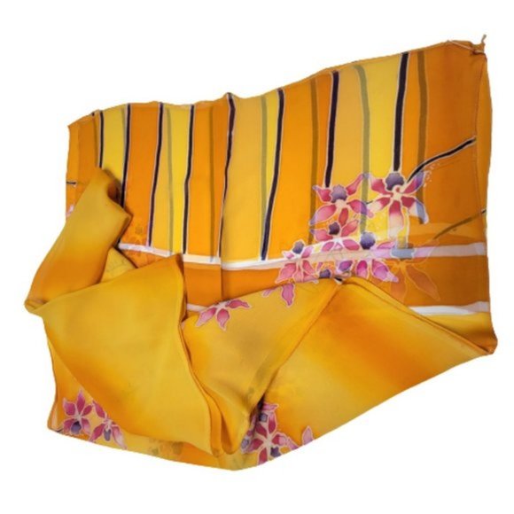 Handmade Handpainted Pure Silk Chiffon Scarf Floral Rectangular Long Scarf - Picture 8 of 9